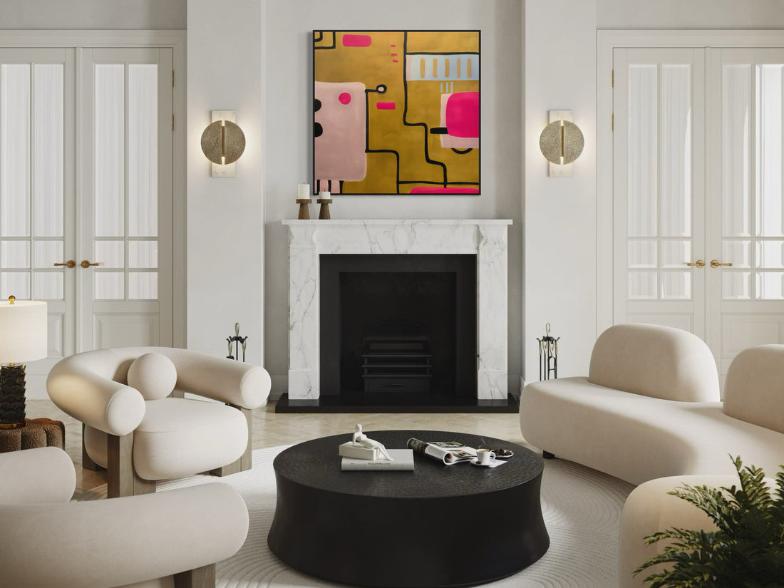 'In the Beginning' by Ash Badios displayed above a marble fireplace in a neutral contemporary living room.