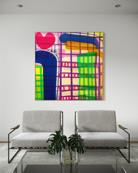 OFF GRID – LOVE fine art print by Australian artist Ash Badios, featuring bold pink, cobalt blue, orange and green geometric forms, displayed as a large statement artwork above contemporary grey lounge chairs.
